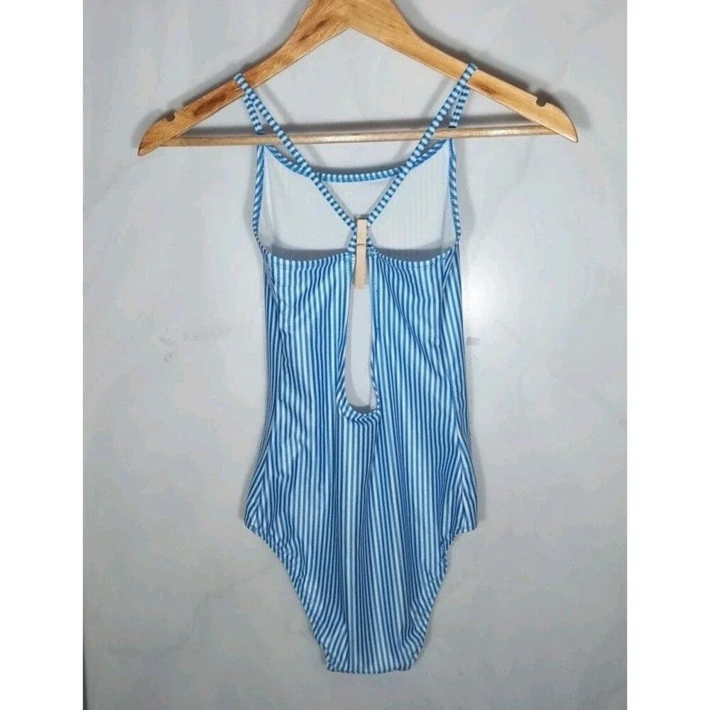 H&M Girls One Piece Swimsuit Blue White Striped NWT Size 16/18 12-14Y Nautical